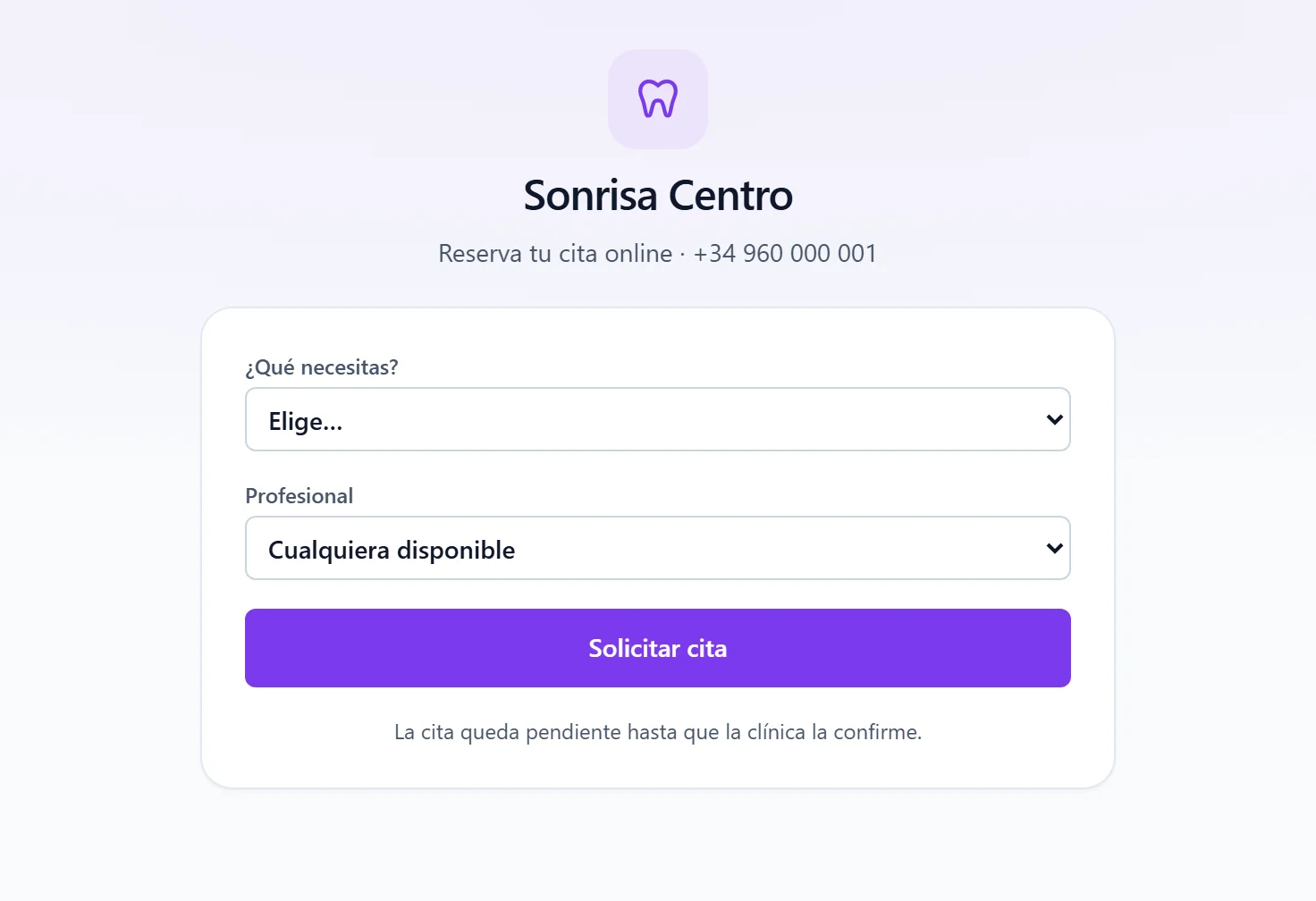 Portal del paciente con reserva de cita online: selección de tratamiento y profesional